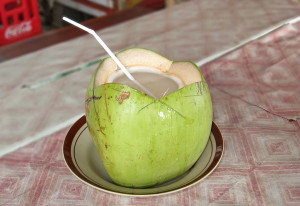 a coconut with a straw in it