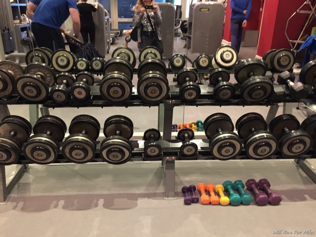 a rack of dumbbells and weights