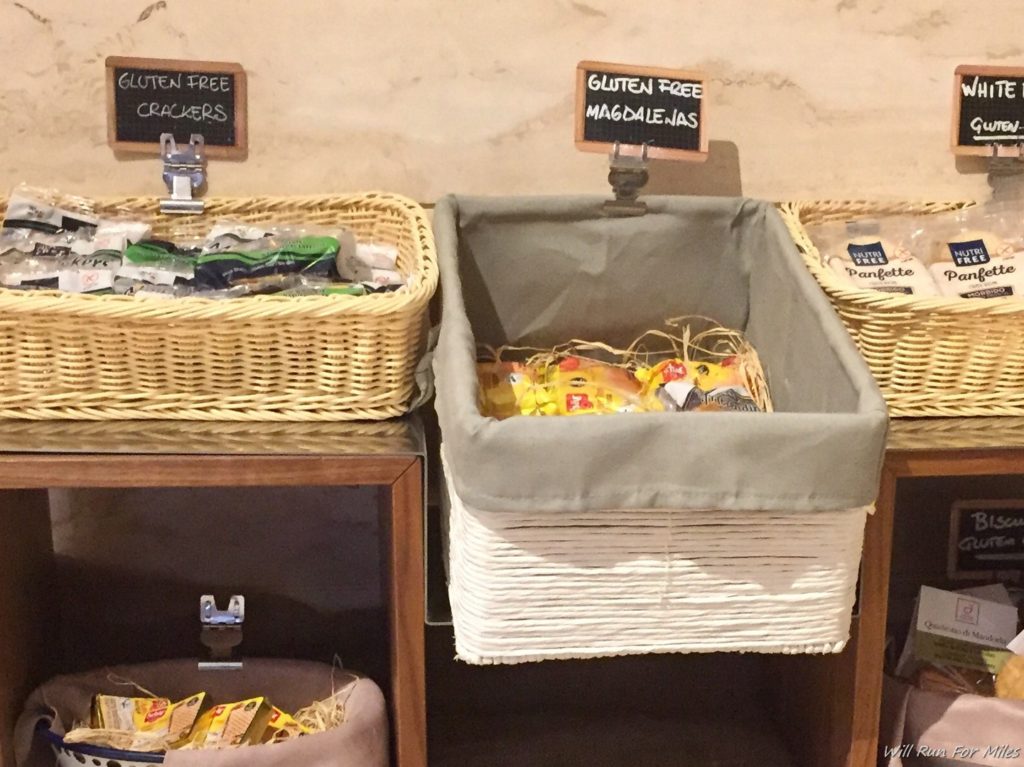 baskets in a store with a sign