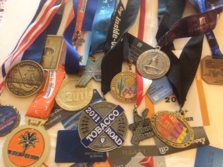 a group of medals on a table