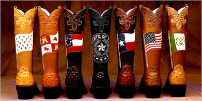 a row of cowboy boots with flags