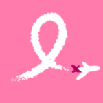 a pink ribbon with a plane flying in the sky