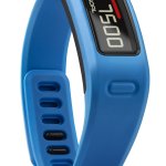 a blue fitness tracker with a digital screen