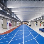 a blue track in a large building