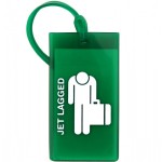 a green plastic luggage tag with a person with a white logo