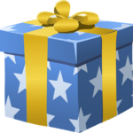 a blue and white gift box with a gold ribbon and a bow