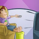 a cartoon of a man sitting in a chair watching tv