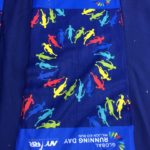 a blue towel with colorful images