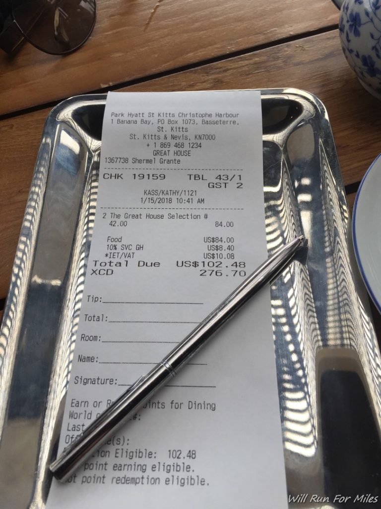 a receipt on a tray