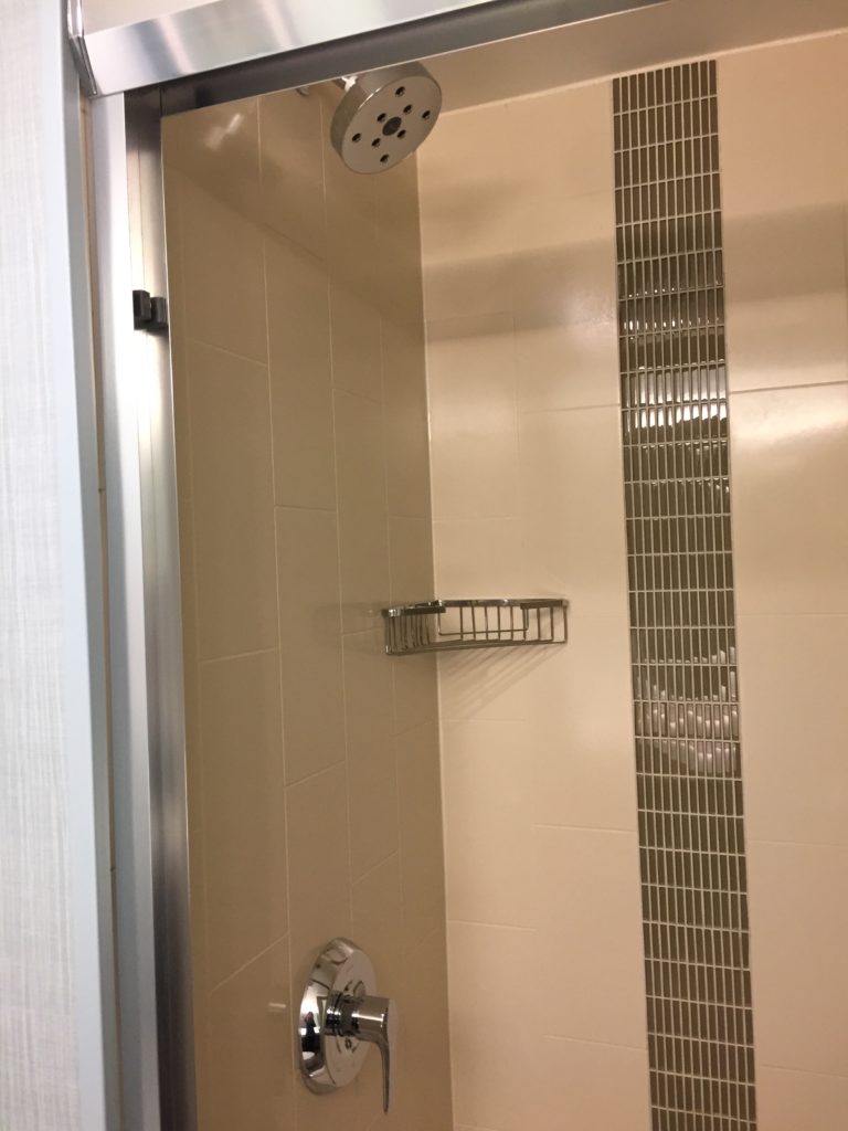 a shower with a metal rack