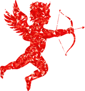 a red triangle angel with a bow and arrow