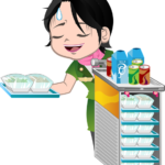a cartoon of a woman holding a tray of food