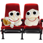 two red theater seats with popcorn and eyes