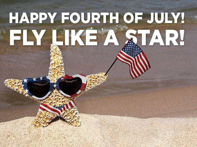 a starfish with sunglasses and a flag on a beach