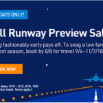 a blue and white advertisement with an airplane on the runway