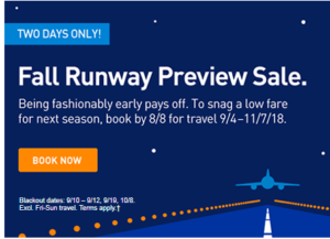 a blue and white advertisement with an airplane on the runway