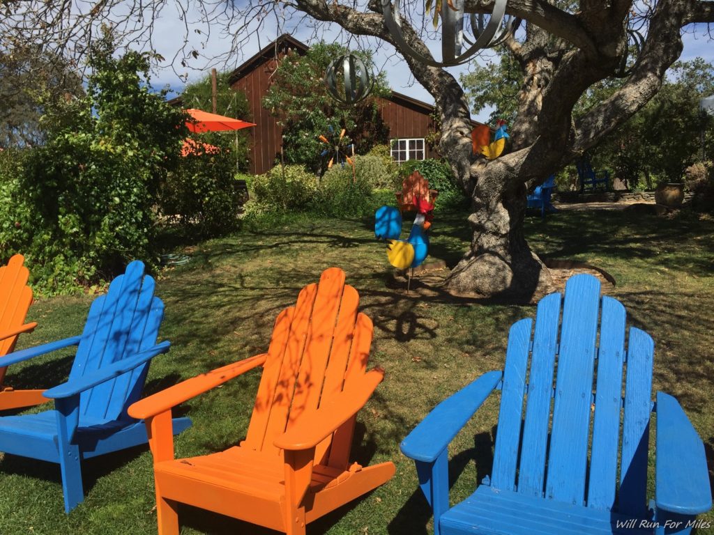 a group of colorful chairs in a yard