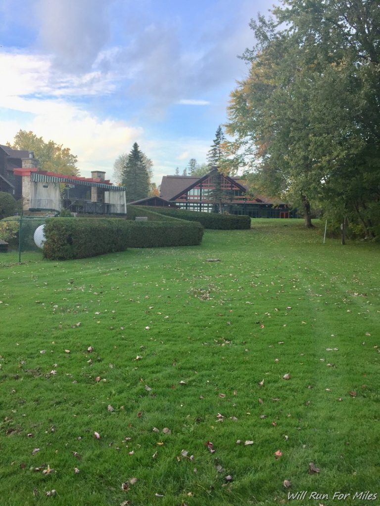 a lawn with trees and a house in the background