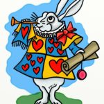 a cartoon of a rabbit with a trumpet and a sheet of paper