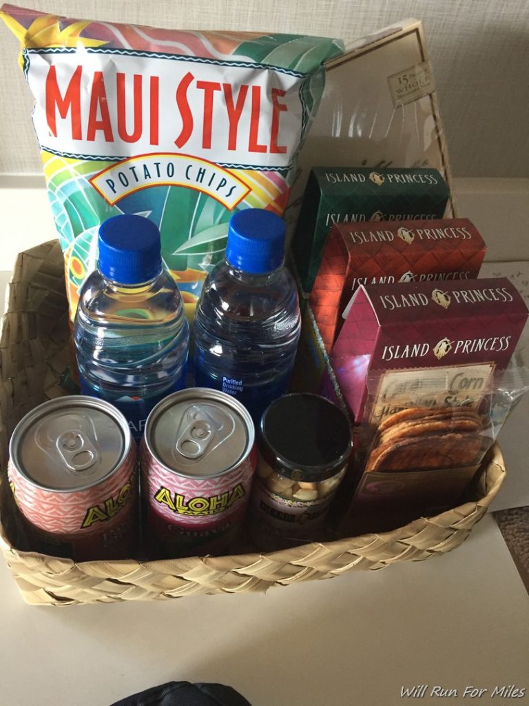 a basket of food and drinks