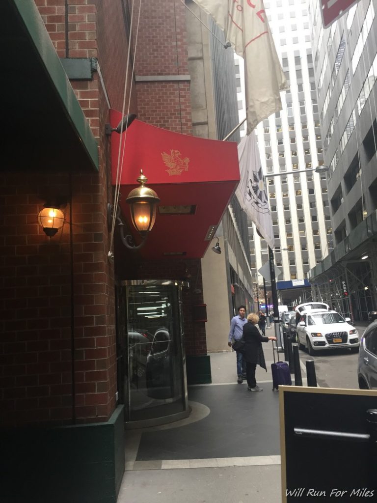 a red awning on a building