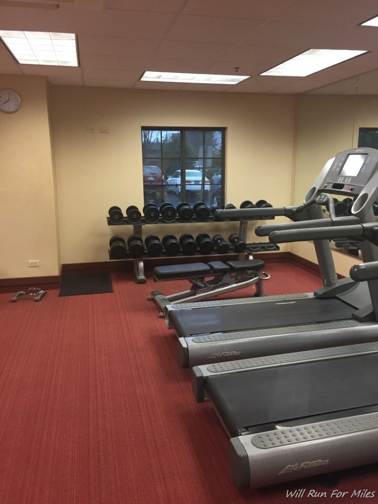 a gym with treadmills and dumbbells