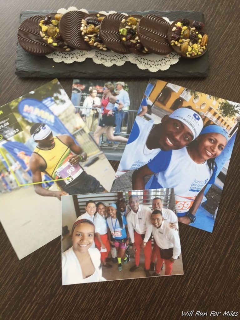 a group of photos of people and a chocolate covered dessert