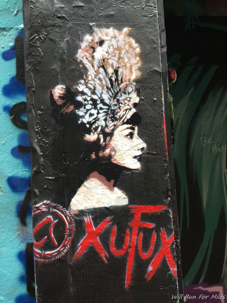 a painting of a woman with a feathered headdress on a wall