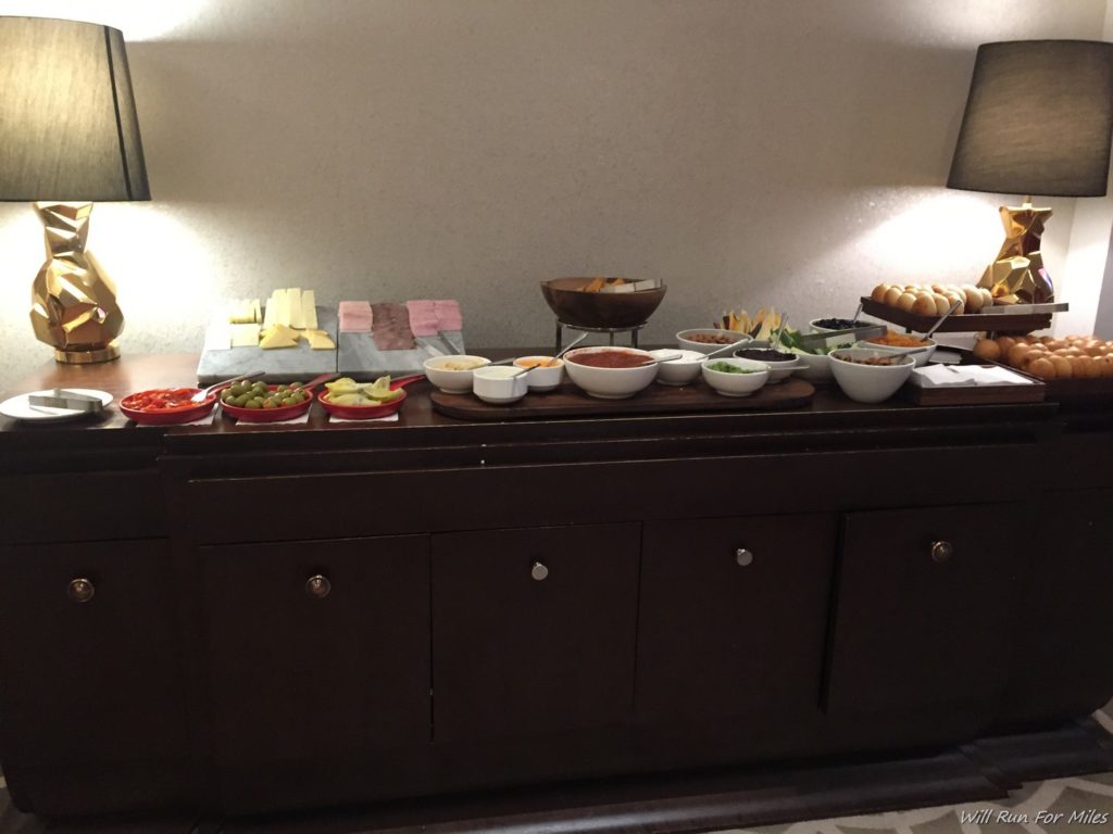 a buffet with food on it