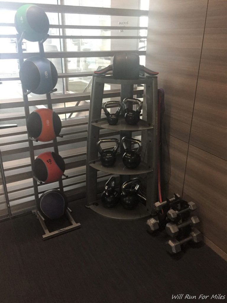 a rack with weights and balls on it