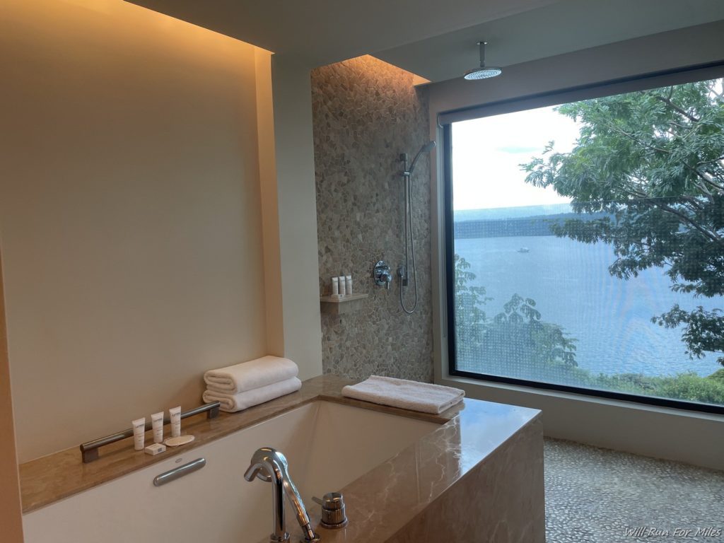 a bathroom with a large window and a bathtub
