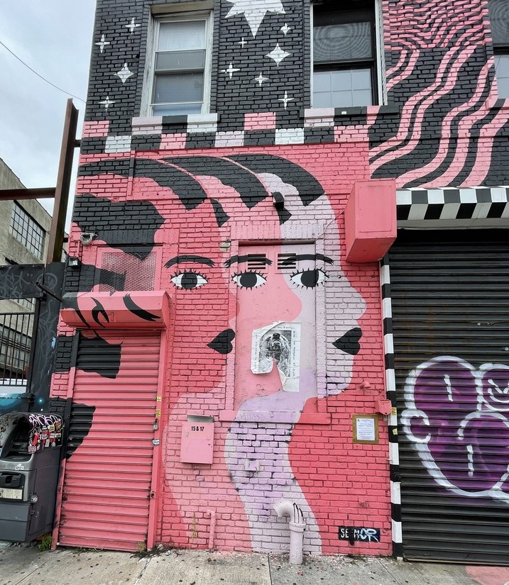 a pink and black building with a face painted on it