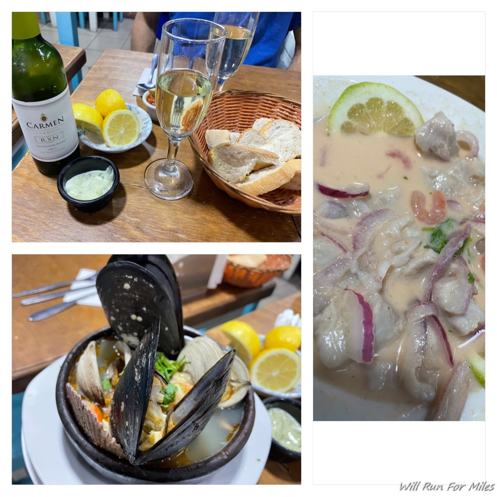 a collage of food and wine