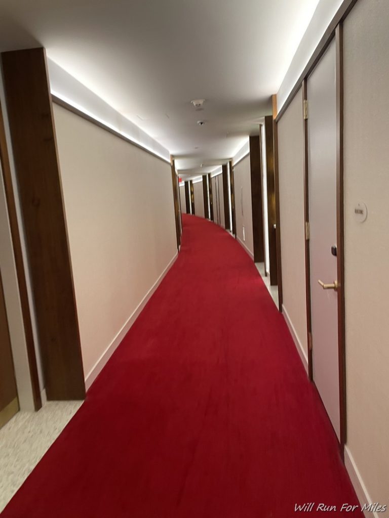a long hallway with red carpet