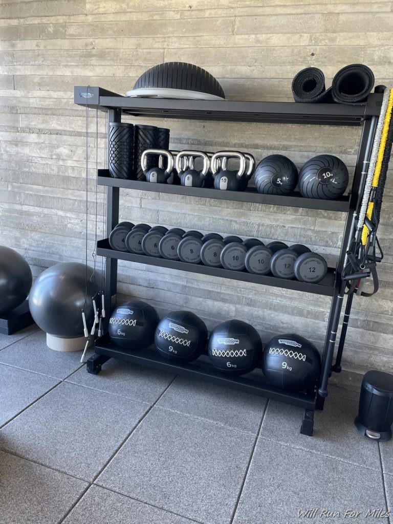 a shelf with black balls and weights on it