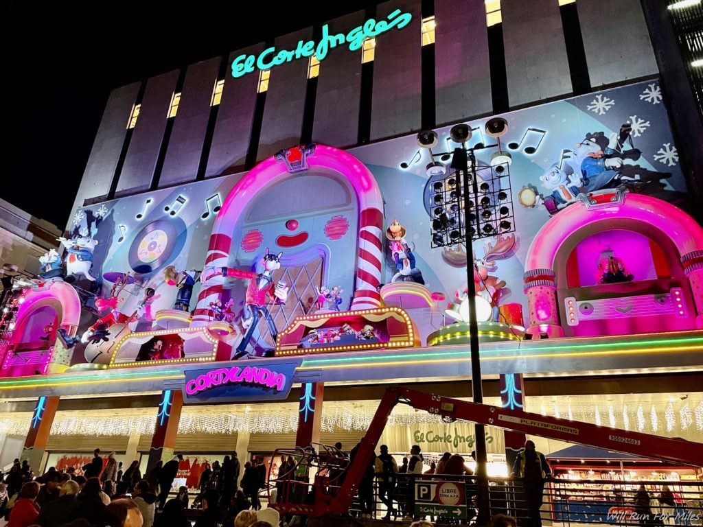 a large building with a large display of cartoon characters