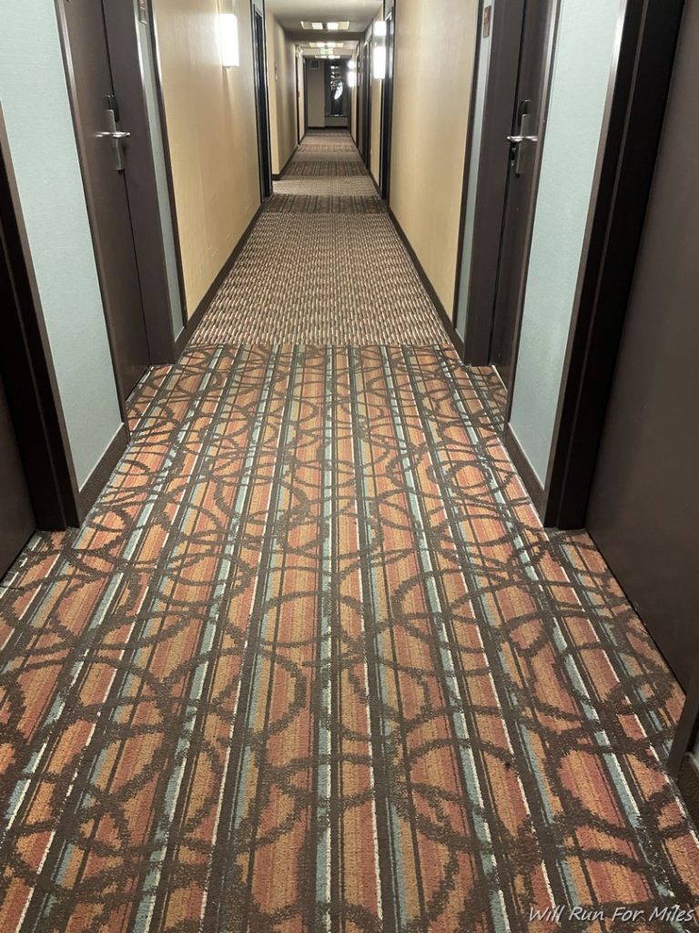 a hallway with carpet and doors