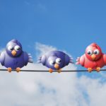 birds on a wire with blue sky and clouds
