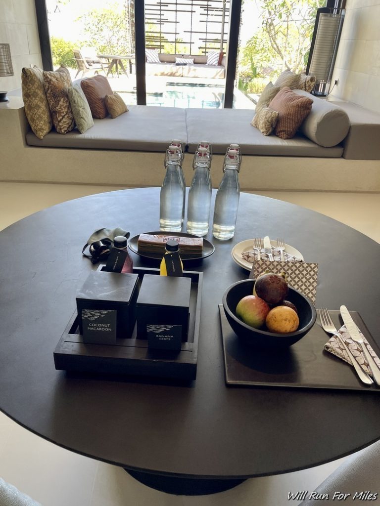 a table with food and water bottles on it