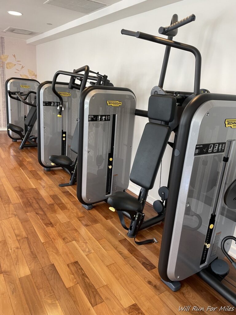 a row of exercise machines