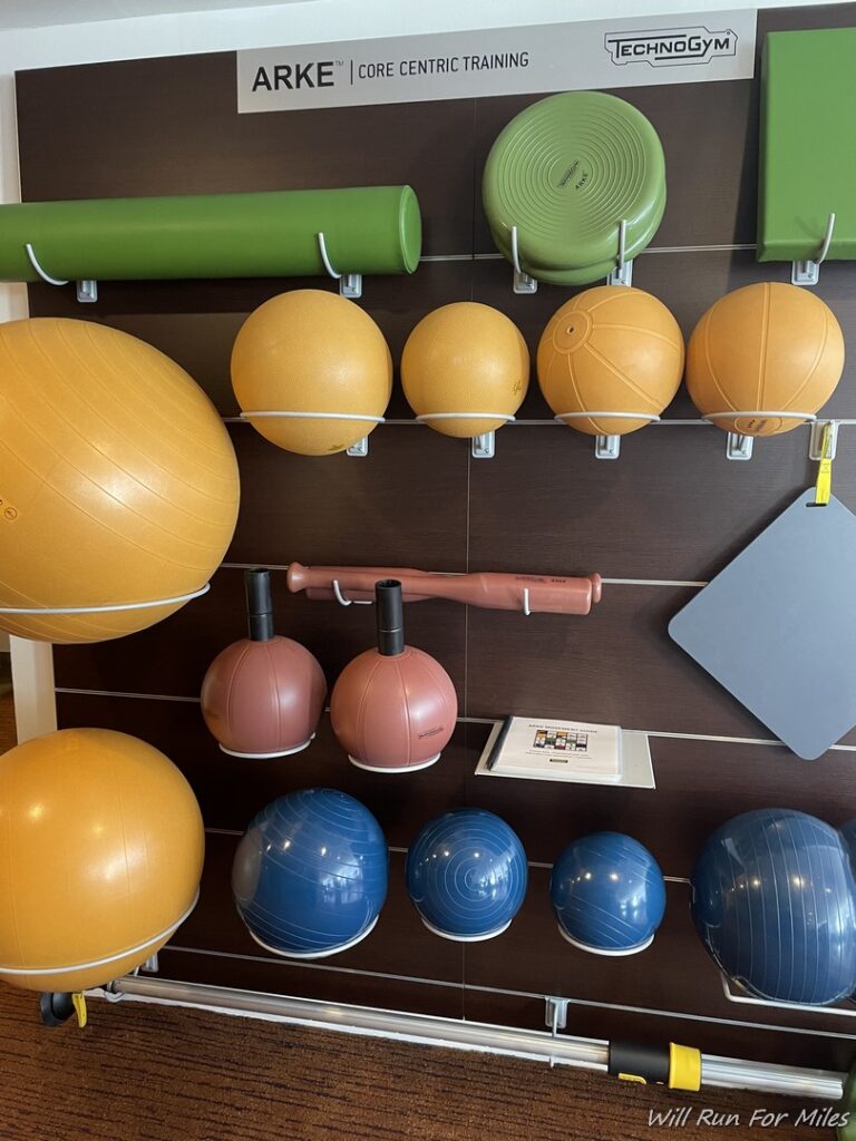 a wall with balls and mats