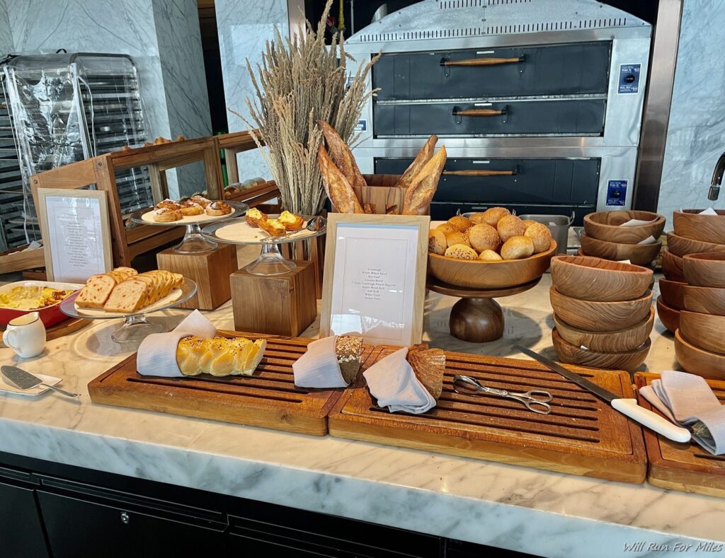 a counter with bread and bread on it