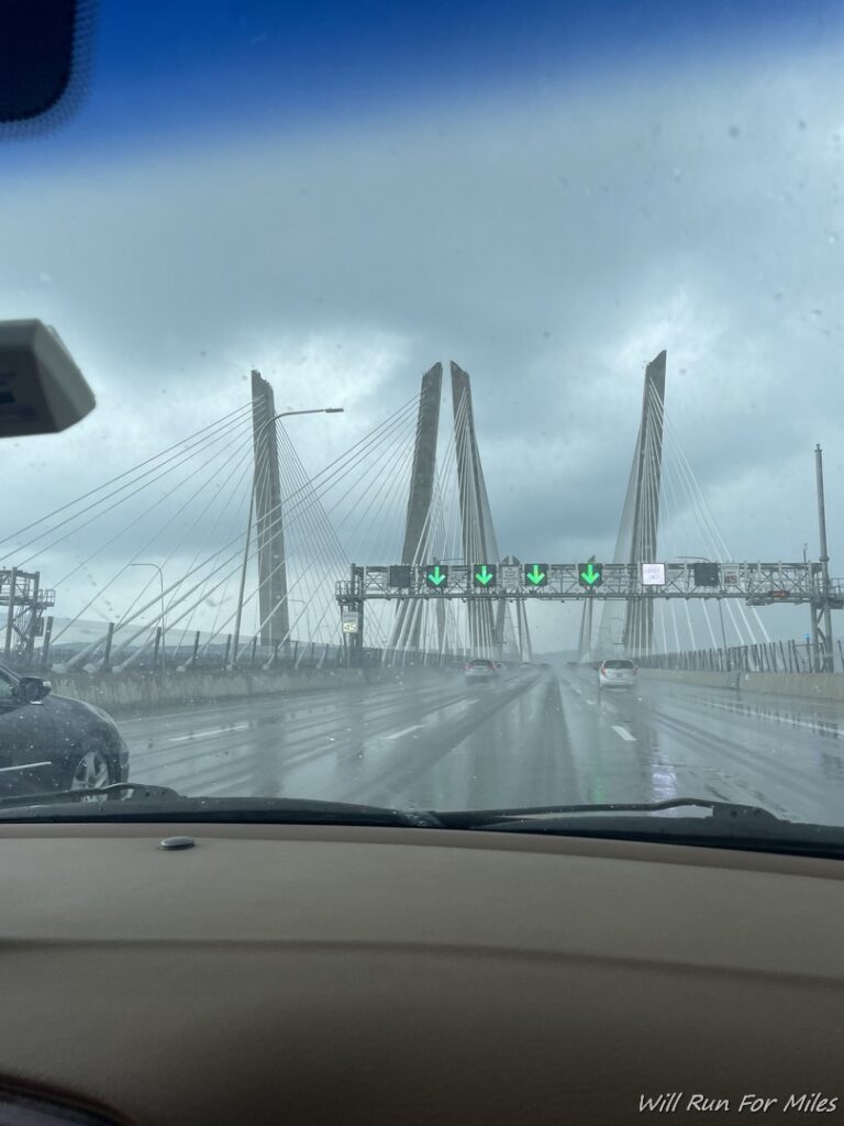 a view from a car of a bridge