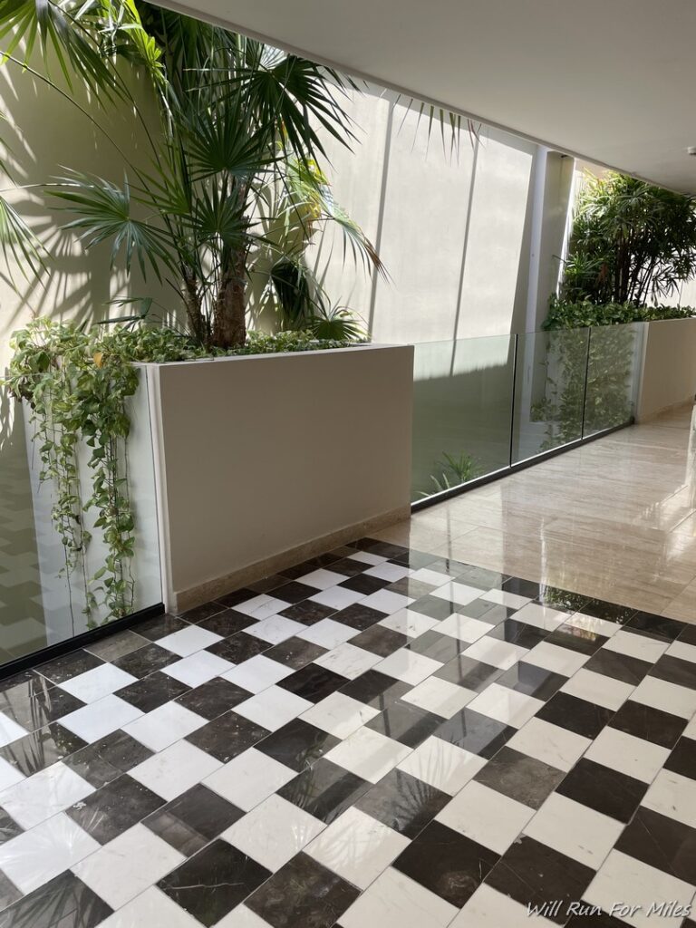 a black and white tiled floor with plants in a building