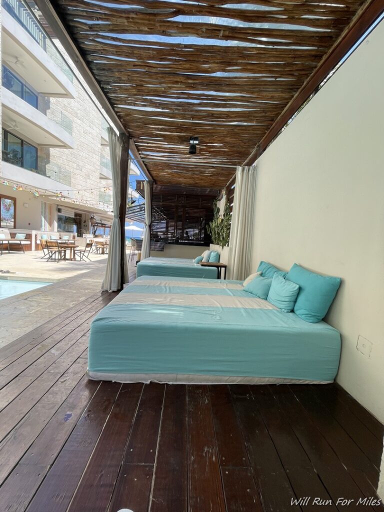 a group of beds on a deck