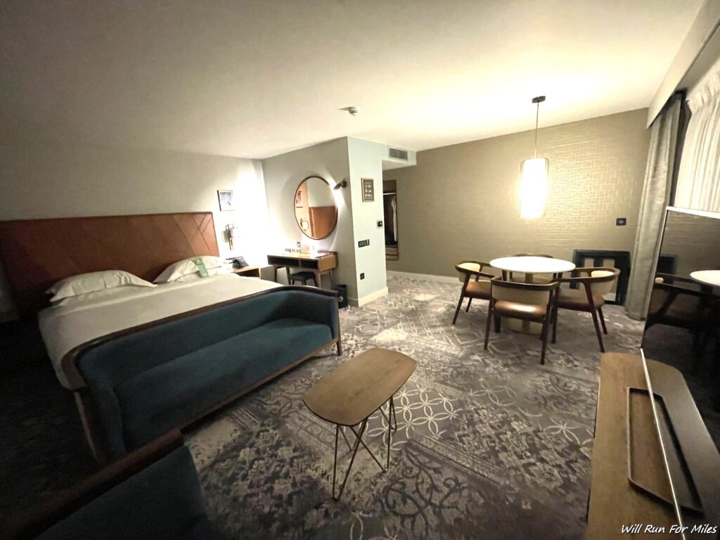 a room with a bed and a table