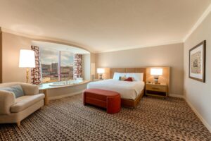 a bedroom with a bed and a bathtub