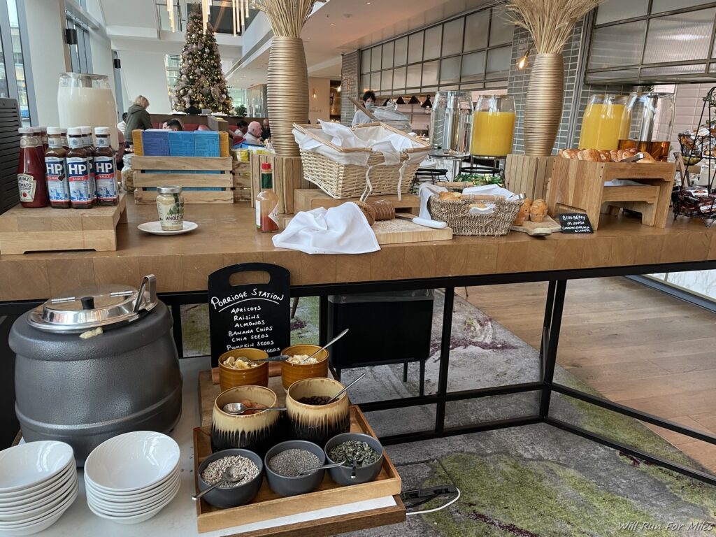 a buffet table with food on it