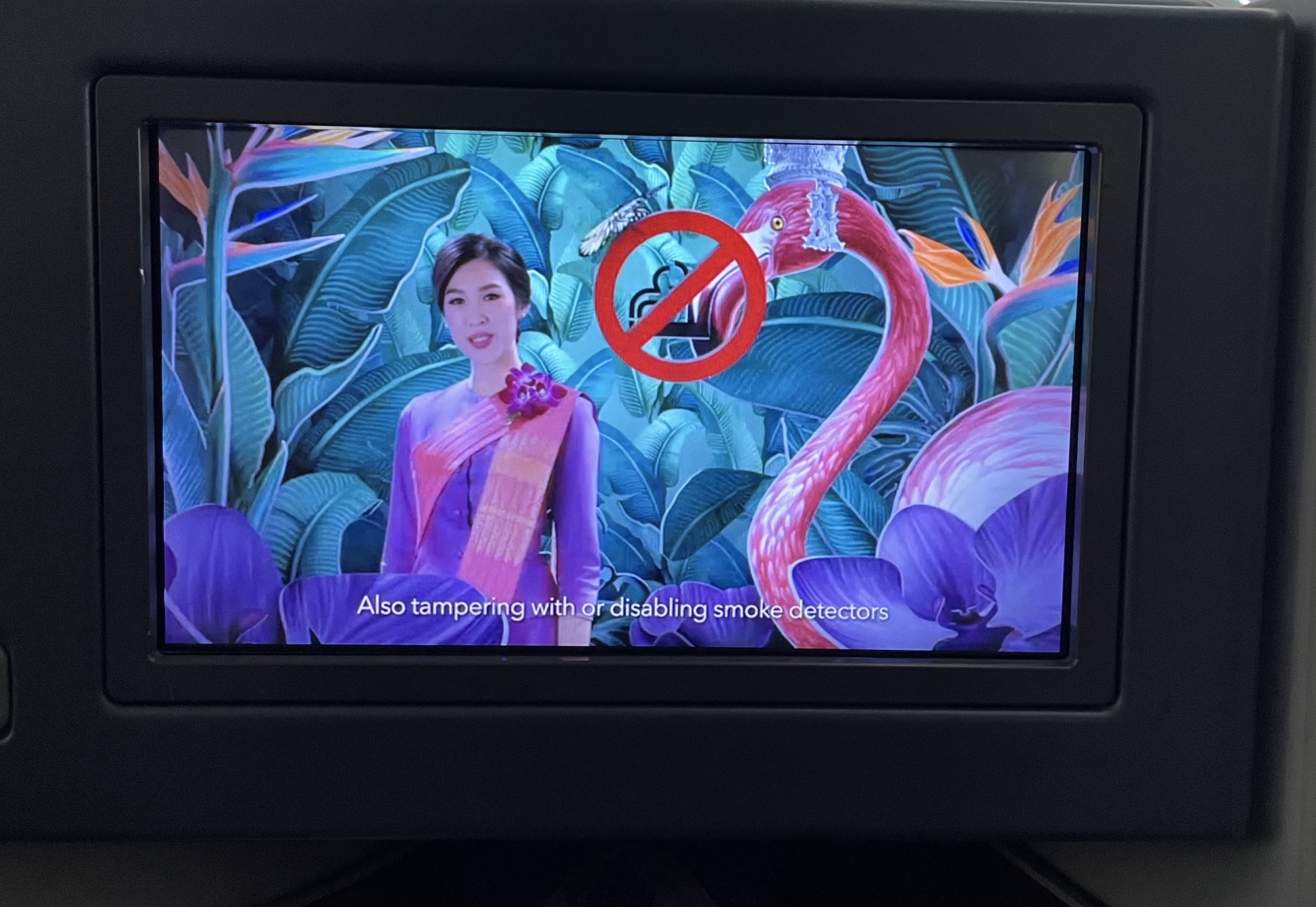 a screen with a picture of a woman and a flamingo