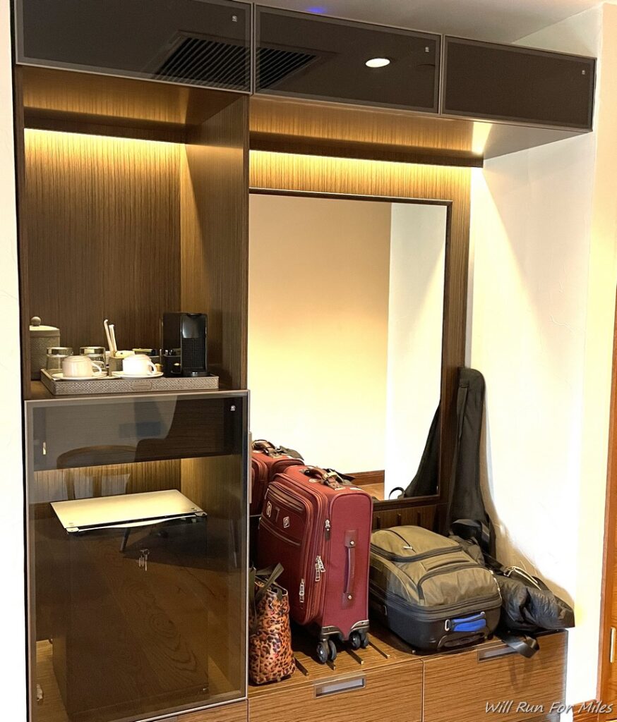 a mirror with luggage on it